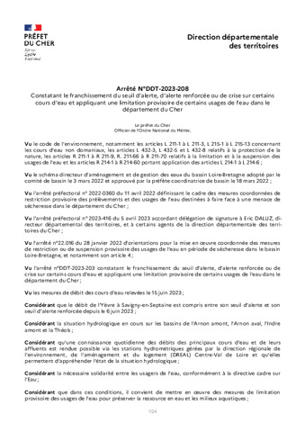 AP_DDT_2023_208_RAA Constatant le franchissement du seuil d’alerte, d’alerte renforcée ou de crise sur certains cours d’eau et appliquant une limitation provisoire de certains usages de l’eau