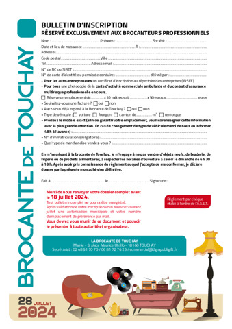 Bulletin d'inscription brocanteurs professionnels