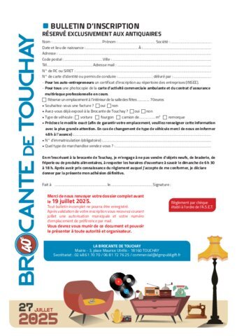 Bulletin d'inscription brocante 2025 réservé exclusivement aux antiquaires