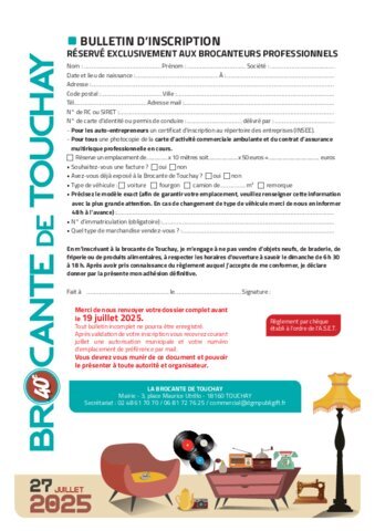Bulletin d'inscription brocante 2025 réservé exclusivement aux brocanteurs professionnels