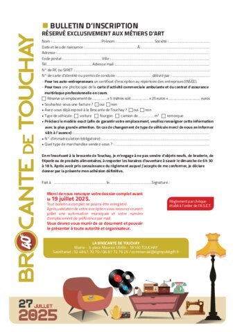 Bulletin d'inscription brocante 2025 réservé exclusivement aux métiers d'art