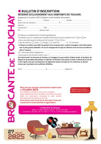 Bulletin d'inscription brocante 2025 réservé exclusivement aux habitants de Touchay