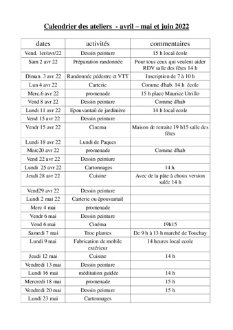 Ateliers-découvertes programme avril, mai et juin 2022